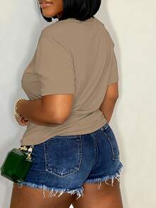 INAWLY 女士夏季热卖钻石心形字母印花圆领短袖休闲 T 恤图案 T 恤女式上衣 - 卡其色 - 查看 2