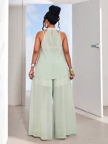Maweii Plus Size Women's Light Green Sleeveless Top & Wide Leg Pants Two Pieces Set, Elegant Fit For Spring & Summer Office & Casual Outings - Mint Green - View 2