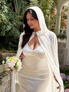 Lyrianda 大码女士白色斗篷连衣裙，优雅修身收腰婚纱，夏季长款正式礼服 - 白色 - 查看 6