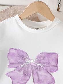 两件套少女甜美清爽风白色T恤配紫色蝴蝶结印花+紫色工装裙，短袖上衣+裙子，轻薄面料，甜美个性夏季套装 - 彩色 - 查看 4