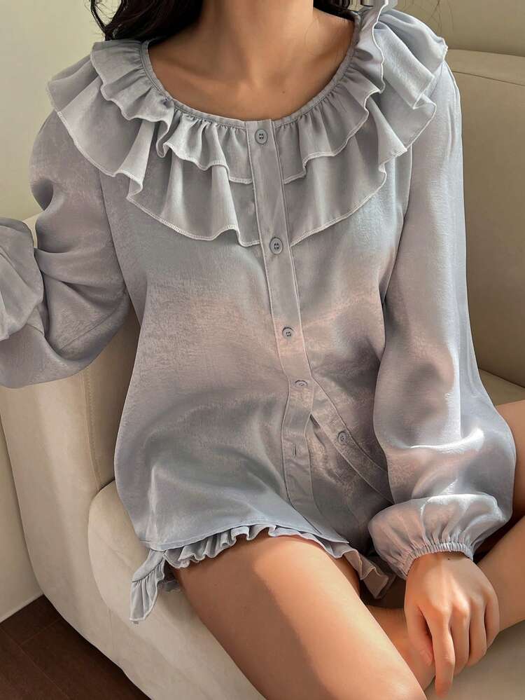 Floral Ruffle Trim Satin Sleepwear Set For Women, Spring/Summer