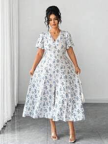 Elenzga Chic Plus Size Women's Blue Random Floral Print Long A-Line Dress With V-Neck And Half Puff Sleeves - Blue - View 5