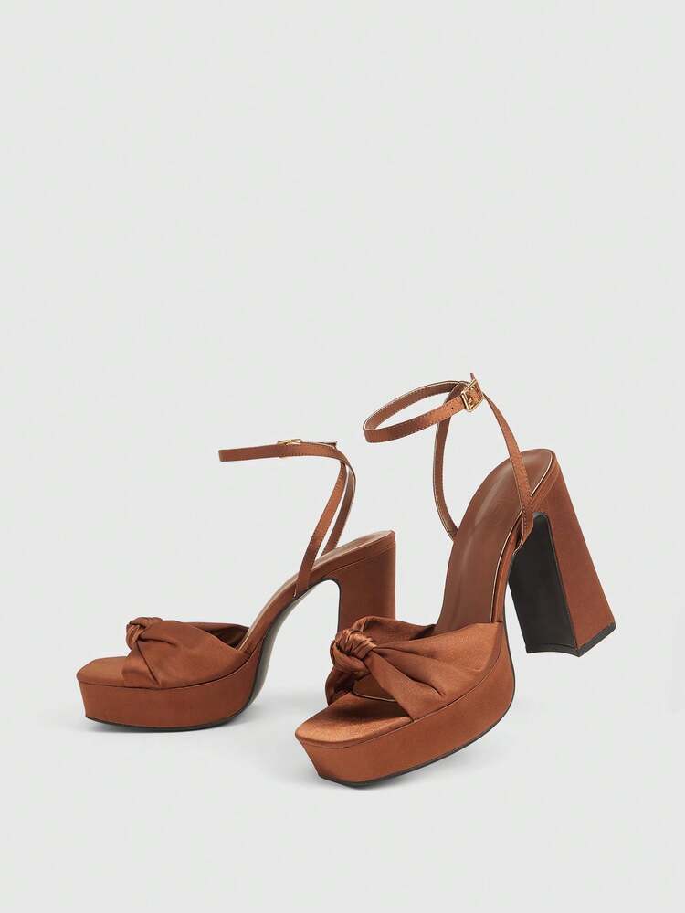 CUCCOO LuxiPop Women Shoes Bronze Satin Satin Knotted Design Fashionable Sexy High Thick Heel Water Table Sandals