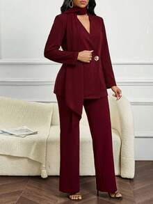 SHEIN Lady Women's Elegant Burgundy Office Summer Scarf Suit,Solid Color Double-Breasted Blazer Set And Classy Pant Suits 2 Pieces Sets For Women - Burgundy - View 3