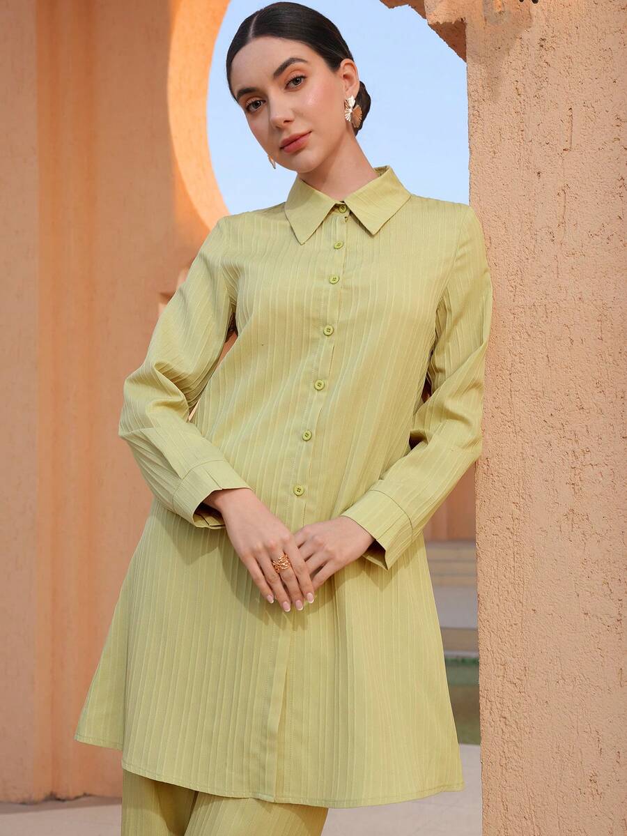 Graceveil Loose Casual Long Sleeve Shirt, Daily Arabic Style Outfit For Women - Green - View 1