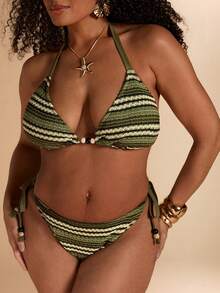 SHEIN BAE 大码女士性感露背系带条纹印花比基尼套装，沙滩度假风 - 綠色 - 查看 6