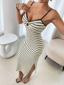 SHEIN PariChic Robe texturée à torsade en tricot contrastant noir et blanc pour femmes - Noir - Voir 4