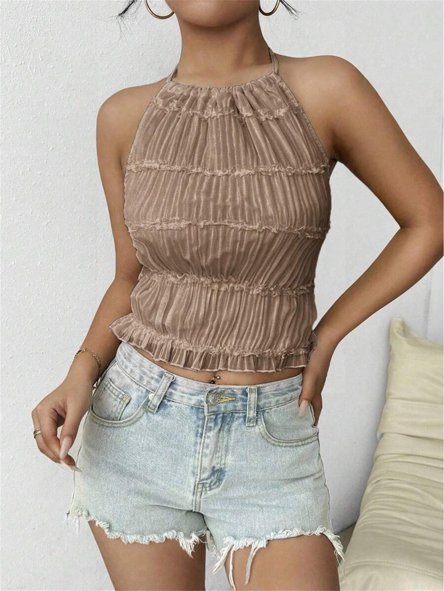 SHEIN 女士夏季简约纯色褶皱露背系带吊带衫 - 咖啡棕 - 查看 1