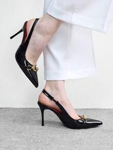 CUCCOO BIZCHIC 女士春夏金属扣尖头缝线高跟鞋，9厘米亮面漆皮纯色高跟鞋，适合通勤、约会、日常聚会等场合。 - 黑色漆皮 - 查看 3
