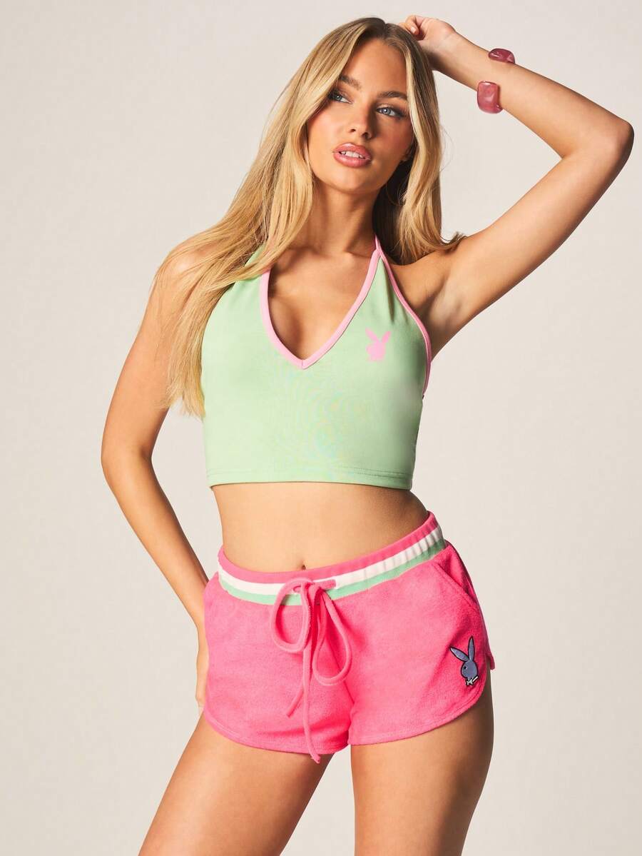 Missguided x Playboy Terry Towelling Runner Shorts With Contrast Pink Waistband And Bunny Logo - Pink - View 1