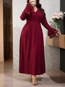 Modelyn Plus Size Lace Cuff Decor Elegant V-Neck Button Waist Midi Dress - Burgundy - View 5