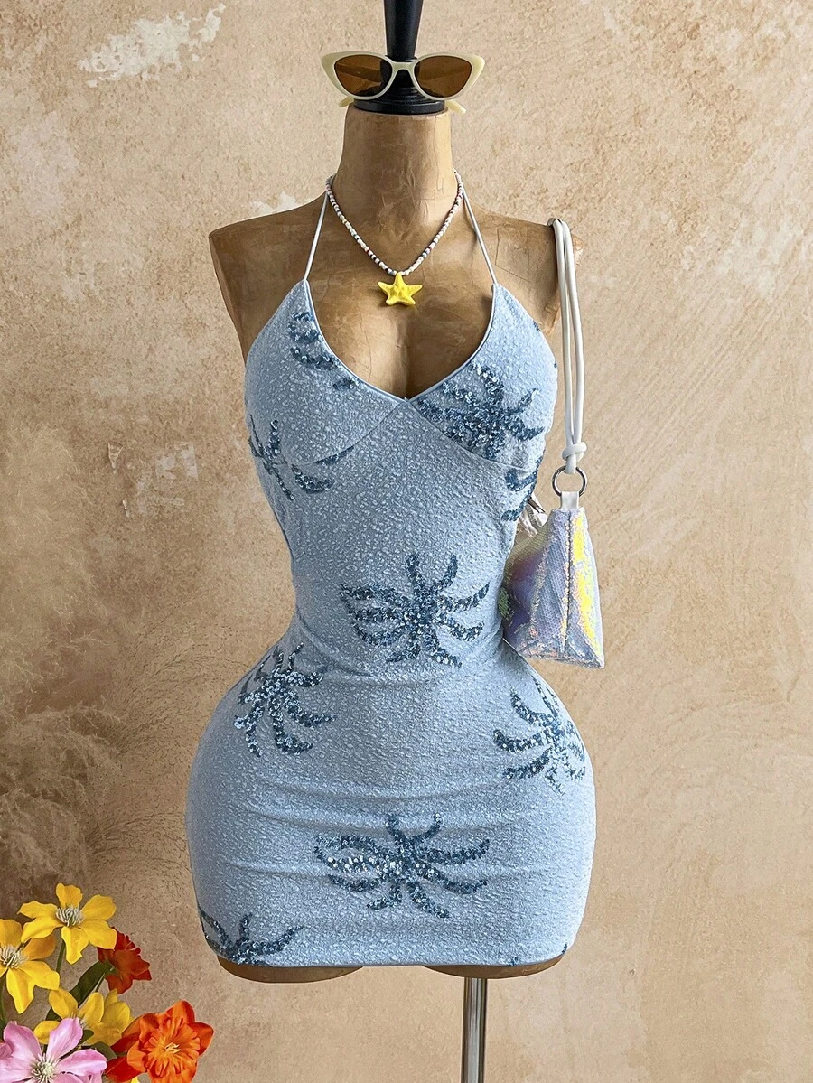 Soleia 女士性感沙滩度假纹理面料亮片露背系带迷你连衣裙,夏季 - 藍色 - 查看 1