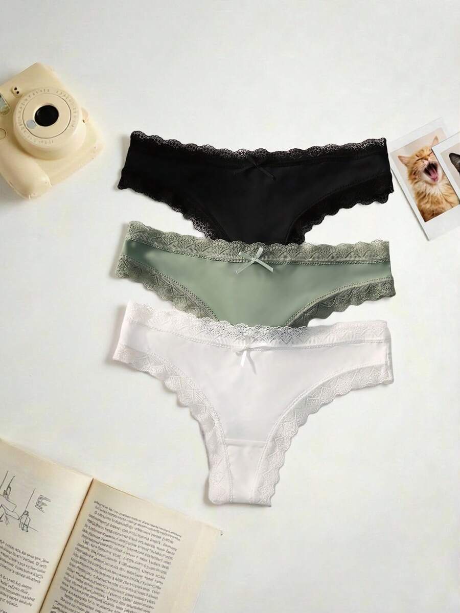 Lowkey Lull 3条装女士浪漫蕾丝边蝴蝶结装饰三角裤 - 彩色 - 查看 1