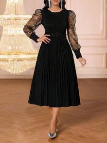 SHEIN Lady Đầm dài tay cổ tròn, thắt eo, xếp ly, thêu họa tiết dành cho nữ. - màu đen - Xem 4