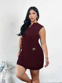 Firerie Plus Size Women's Burgundy Summer Elegant Formal Dress,V-Neck Ruched Metal Flower Decor A-Line Short Sleeve Chic Office Work Commute Dresses - Rose Red - View 7