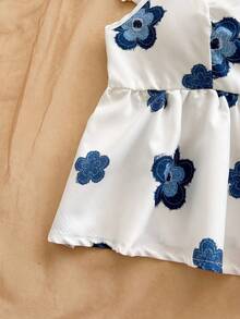 Soleia A字型短袖女式衬衫，图案精美，适合度假、音乐节、波西米亚风、假日、下午茶等场合。 - 藍白色 - 查看 6