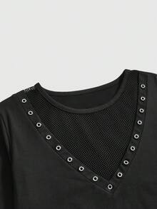 ROMWE Grunge Punk Áo thun tay ngắn ôm sát cơ thể cỡ lớn, thiết kế lưới xuyên thấu phối ren, chất liệu punk metal. - màu đen - Xem 8