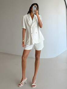 Aloruh Elegant Khaki Linen Half Sleeve Lapel Blazer For Women Regular Fit Workwear - Khaki - View 7