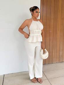 Maria Perezxox Setelan 2 Potong Modis untuk Wanita, Terdiri dari Atasan Halter Longgar Warna Polos Gaya Prancis dengan Ikat Pinggang dan Celana Panjang Lebar yang Nyaman. - Aprikot - View 5