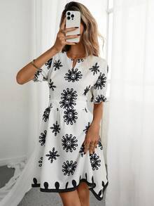 Breezaya Women's Elegant Summer Retro Floral Print Short Dress,Black And White Boho Petal Sleeve A-Line Waist Cinched V Neck Holiday Tea Party French Outfits - Black and White - View 2