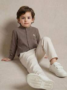 PrepCrw 2pcs/Set Boys' Collegiate Style Logo Embroidered Collar Long Sleeve Shirt And Long Pants Outfit - Multicolor - View 10