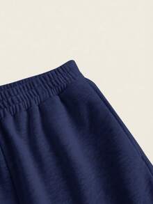 SHEIN PETITE CURVE 2pcs Plus Size Women Casual Solid Color Drawstring Waist Loose Wide Leg Pants, Versatile For Daily Commute - Blue - View 3