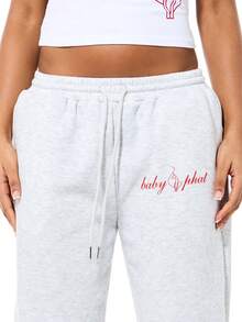 BABYPHAT Pantalones de chándal con puños, estampado de texto y cintura con cordón para comodidad y estilo casual - Gris Claro - Ver 4