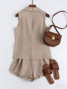 Franclia Women's Khaki Sleeveless Blazer Jacket With Tie Belt & Wide Leg Shorts 2 Pieces Set, Casual Commuter Vacation Style - Khaki - View 2