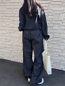 FRIFUL 女士纯色前扣长袖上衣和斜插口袋长牛仔裤套装 - 藍色 - 查看 6