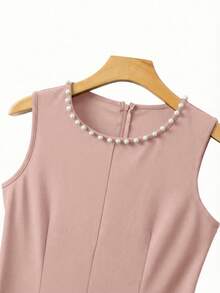 SHEIN LUNE 女士优雅黑色撞色珍珠边长袖外套和圆领珍珠装饰连衣裙两件套，秋冬款 - 藕粉色 - 查看 8