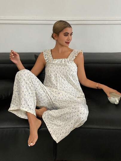 DAZY 碎花宽松荷叶边无袖女士睡衣连体裤