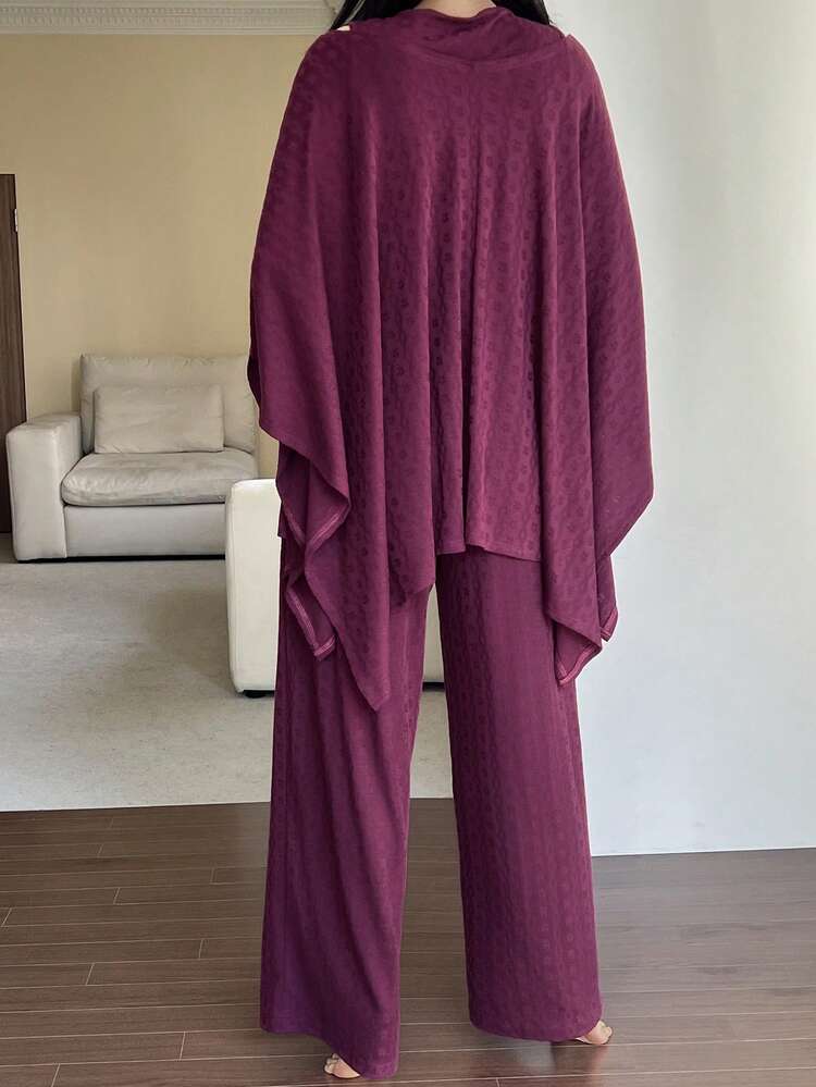 3pcs Jacquard Knit Shawl, Vest And Pants Women Loungewear Set