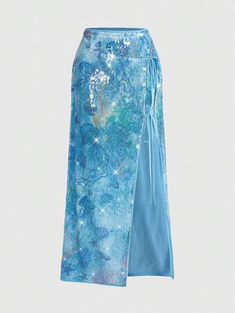 ROMWE Avant Gonna da donna sexy con spacco alto, stampa di animali , stelle marine e paillettes, con laccio in vita, adatta per le vacanze