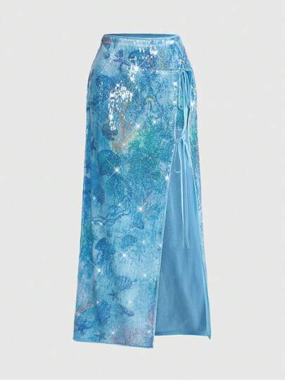 ROMWE Avant Jupe fendue sexy pour vacances avec imprimé de corail, étoile de mer et paillettes, taille nouée pour femmes