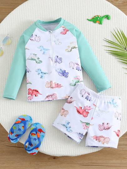 SHEIN Young Boys Green Patchwork Dinosaur Print Round Neck Long Sleeve Shorts, Casual Minimalist Fashion Classic Cool Resort Style, Color Block Patchwork, Cartoon Print Slim Fit Round Neck Long Sleeve Shorts Swimwear Diving Suit, Suitable For Summer, Beach, Vacation, Swimming