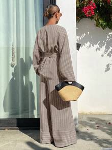 Livesso Women's Elegant V-Neck Tie Front Top And Striped Casual Pants 2-Piece Set, Suitable For Party, Holiday, Wedding, Graduation, Festival, Spring/Summer - Khaki - View 2