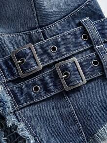 ROMWE Hippie Áo denim cổ yếm màu trơn dành cho nữ, có viền tua rua - Rửa trung bình - Xem 4