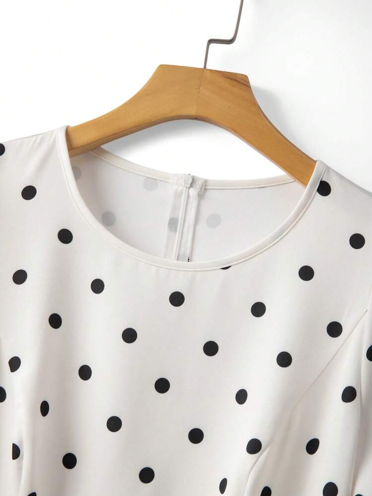 SHEIN Clasi Vestido de lujo de manga abullonada con lunares elegantes y retro para tallas grandes - Blanco y Negro - Añade 3