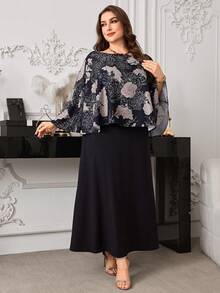 Modelyn Elegant Black Floral Print Asymmetric Shoulder Irregular Poncho Top Paired With Camisole Dress, Fashionable Plus Size Women 2-Piece Set - Black - View 1