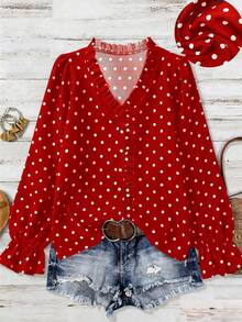 EMERY ROSE Plus Size Women's Polka Dot Basic Casual Long Sleeve V-Neck Blouse - Red - View 1