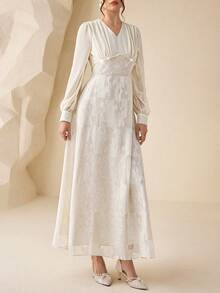 Modelyn Elegant Romantic Cutout Floral Chiffon V-Neck Dress - Beige - View 5