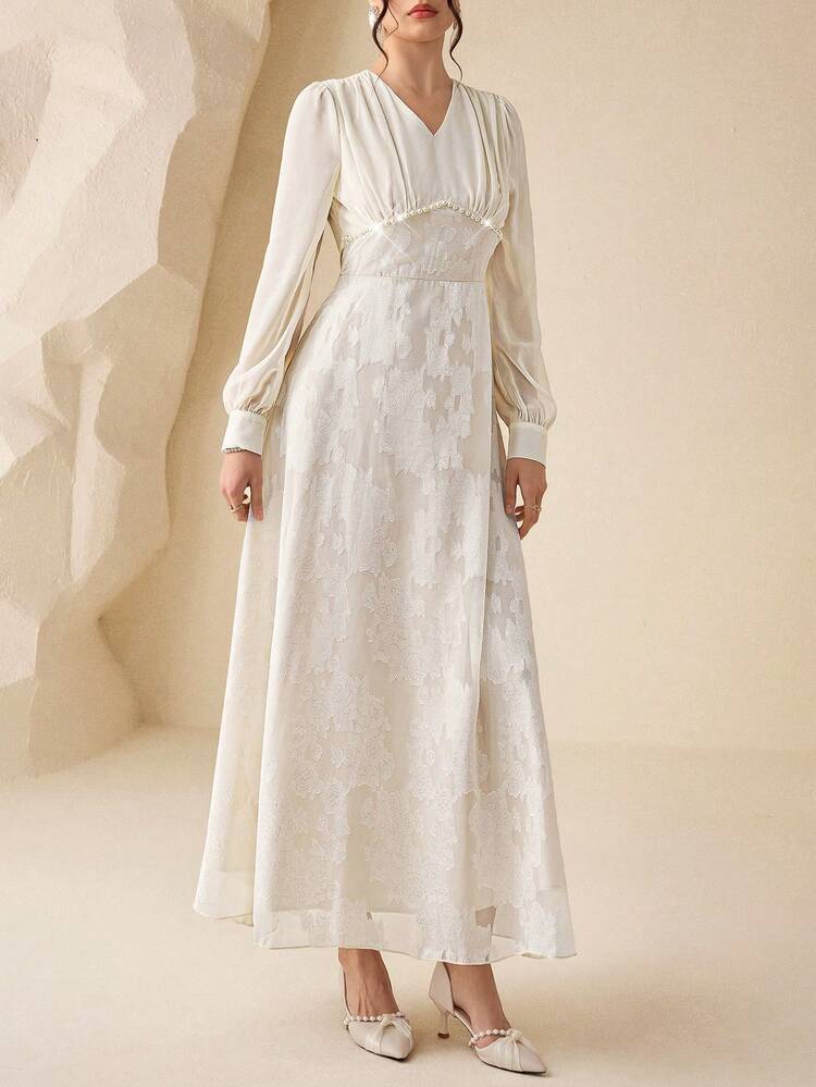 Modelyn 优雅浪漫镂空花卉雪纺V领连衣裙 - 米色 - 查看 5