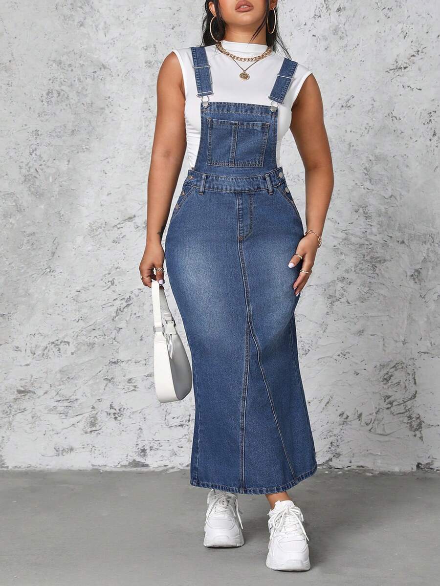 Rivivi Plus Size Solid Color Pocket Fitted Casual Denim Jumpsuit Dress - Blue - View 1