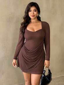 Auralis Plus Size Women's Ruched Bodycon Mini Dress,Chocolate Brown,Autumn,Elegant,Night Out Club Long Sleeve Mesh Sheer Clubwear,Formal Party Mermaid - Brown - View 8