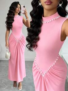 Rafferiza 女士半高领针织弹力褶皱设计连衣裙，珍珠装饰，酒红色，情人节、新年风格，时尚优雅，适合日常穿着、婚礼、宴会、通勤、毕业派对、节日活动、度假、约会、聚会、万圣节、圣诞节、新年和感恩节等场合。 - 粉色 - 查看 5