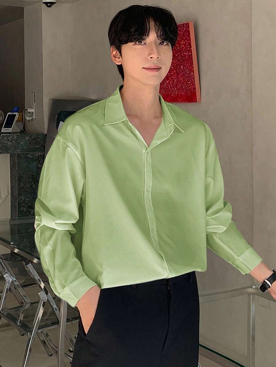 DAZY Men's Solid Color Single-Breasted Casual/Business Shirt, Spring/Autumn - Mint Green - View 1