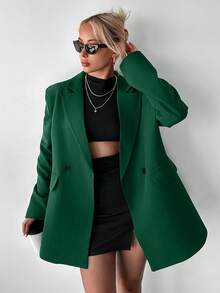 EURMUSE Women's Minimalist Commuter Notched Collar Double-Breasted Blazer Jacket, Autumn - Dark Green - View 3