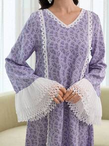 Yasmyna Women's Elegant Purple Woven Floral Print Arabic Maxi Dress, V Neck Lace Trim Turkish Long Dress With Flared Extra-Long Embroidered Sleeves - Purple - View 3