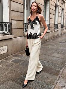 Pariaura 女士无袖V领蕾丝边吊带背心，适合春、夏、秋、冬四季穿着，也适合约会、优雅休闲、通勤、度假、商务办公等场合，百搭实用，日常休闲穿着，尽显优雅气质，也适合海滩、生日等场合，杏色纯色上衣 - 杏色 - 查看 2