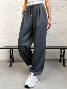 FavEase 女士簡約束口腰彈性腳踝寬鬆休閒褲 - 深灰色 - 查看 3